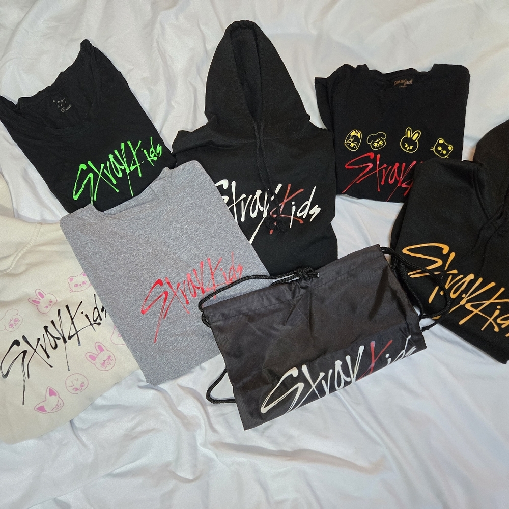Bundle Of Stray Kids Hoodies, Tops, And Drawstring Bag
